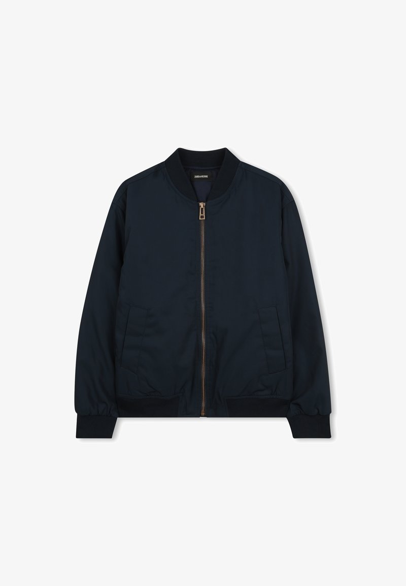 Blouson aviateur bleu marine en tissu lisse, doté d'une fermeture éclair dorée, de poches latérales et d'un col et de poignets en maille côtelée.