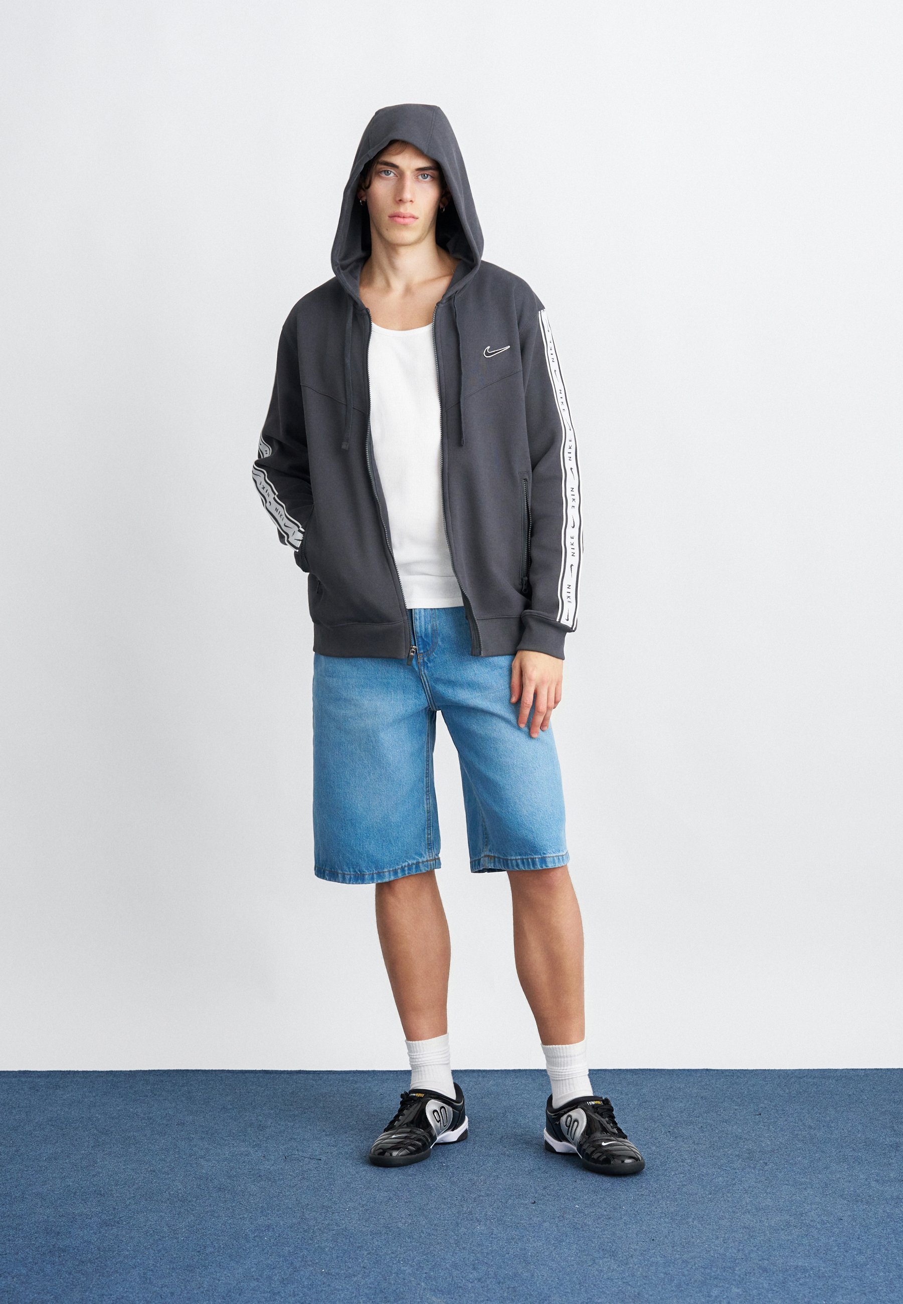 nike swoosh tape hoodie grey