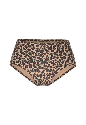 High-waisted bikini bottoms with beige and black leopard print pattern, displayed on white background.