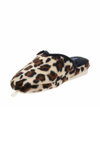 Zapatilla de casa con estampado de leopardo, parte superior de piel sintética, ribete negro, abierta por detrás y con plantilla acolchada. Suela plana para uso en interiores.
