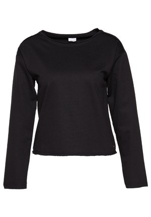 Schwarzes Langarmshirt aus weichem Baumwollstoff, mit Rundhalsausschnitt, verkürzter Länge und offenem Saumdetail. Keine sichtbaren Muster oder Akzente.