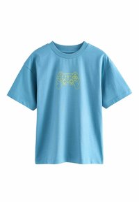 Light blue cotton t-shirt featuring a yellow game controller graphic at the center. Short sleeves and a classic round neckline.