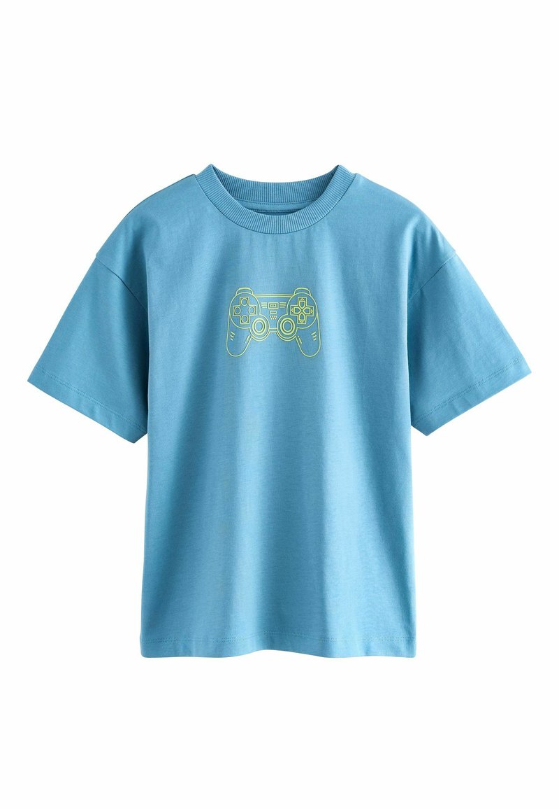 Light blue cotton t-shirt featuring a yellow game controller graphic at the center. Short sleeves and a classic round neckline.