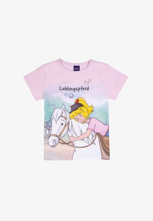 Maglietta rosa per bambini con disegno di una bambina dei cartoni animati che abbraccia un cavallo bianco e la parola "Lieblingspferd" con cuori e un ferro di cavallo sopra.