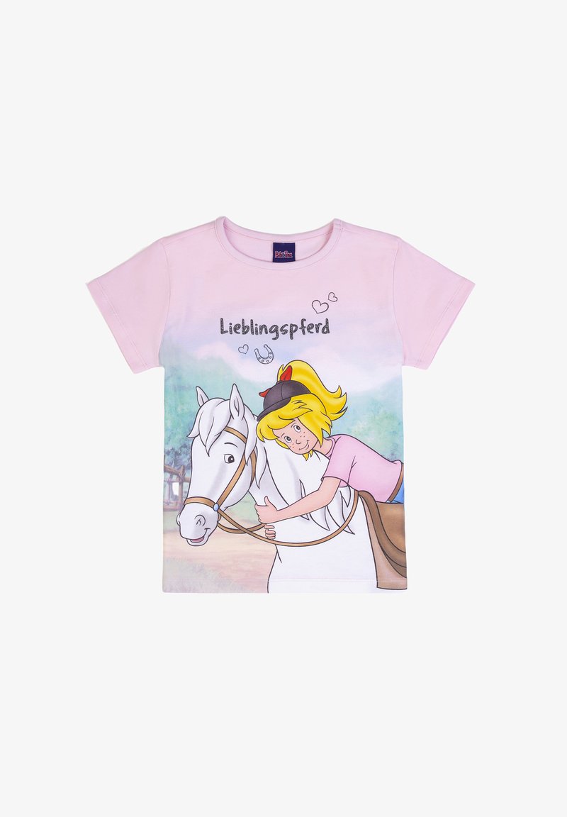 Maglietta rosa per bambini con disegno di una bambina dei cartoni animati che abbraccia un cavallo bianco e la parola "Lieblingspferd" con cuori e un ferro di cavallo sopra.