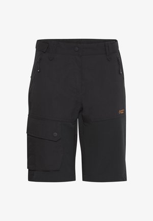 Zwarte cargoshorts met een ritssluitingzak aan de rechterkant, gemaakt van lichte stof, met een knoopsluiting en contrasterend paneel.