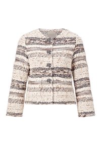 Giacca in tweed con texture nei toni crema, blu navy e beige a righe. Presenta un colletto rotondo, maniche lunghe e sei bottoni metallici sul davanti.