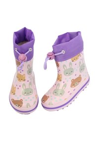 Rieten regenlaarzen in het roze, met een patroon van cartoon dieren (konijnen, beren) en meerkleurige stippen. Paarse manchetten en zoolaccenten.