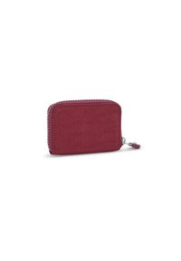 Portafoglio bordeaux con zip, superficie liscia e texture, forma rettangolare e cuciture a contrasto lungo i bordi. Inclusa una linguetta decorativa per la zip.