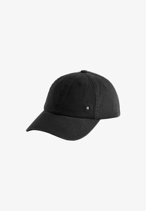 Zwarte baseballcap van katoen, met een gebogen klep en een kleine zilveren steraccent op het voorste linkerpaneel.
