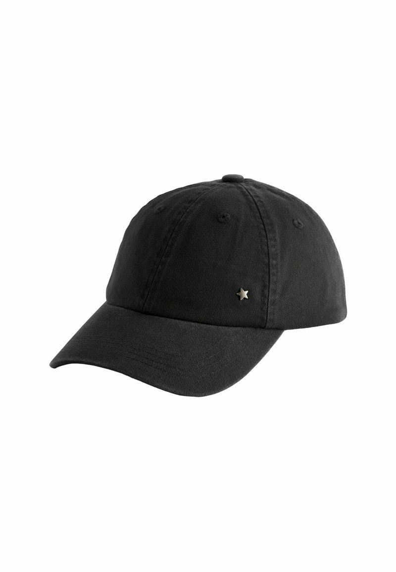 Casquette de baseball noire en coton, avec une visière courbée et un petit accent en étoile argentée sur le panneau avant gauche.