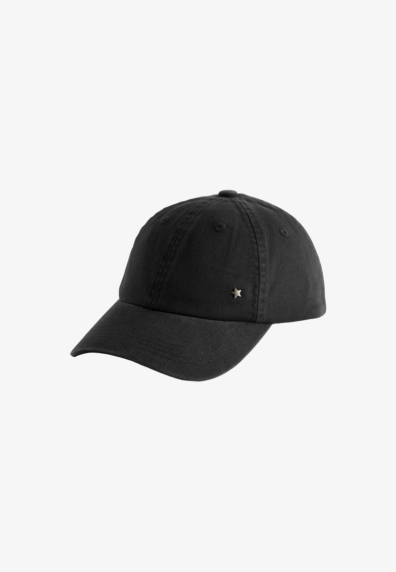 Zwarte baseballcap van katoen, met een gebogen klep en een kleine zilveren steraccent op het voorste linkerpaneel.