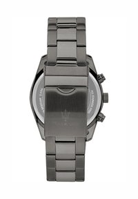 Zwarte roestvrijstalen horloge met een gladde metalen afwerking, voorzien van een schakelarmbandontwerp, een stevige sluiting en een opvallende merkgravure.