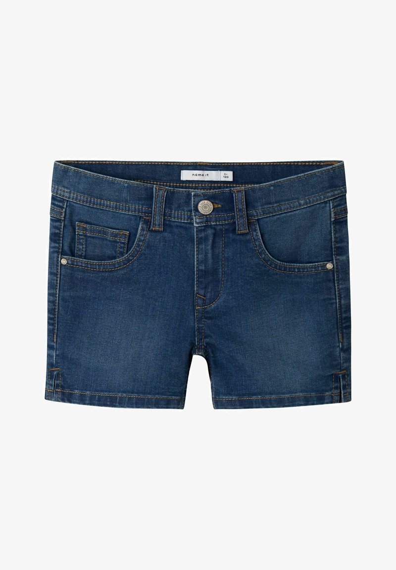 Džínové šortky v tmavě modré barvě, mají pět kapes, zlaté prošívání a přední zapínání na knoflík. Hladký povrch s klasickým střihem.