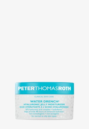 Flacon du hydratant en gel hyaluronique Water Drench de Peter Thomas Roth avec un couvercle bleu et un corps blanc, mettant en avant une hydratation de 48 heures pour peau grasse.