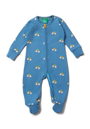 Blaues Baumwoll-Overall mit langen Ärmeln, ausgestattet mit einem Reißverschluss auf der Vorderseite und einem Muster aus kleinen Regenbögen und Wolken. Weiches, fußförmiges Design.