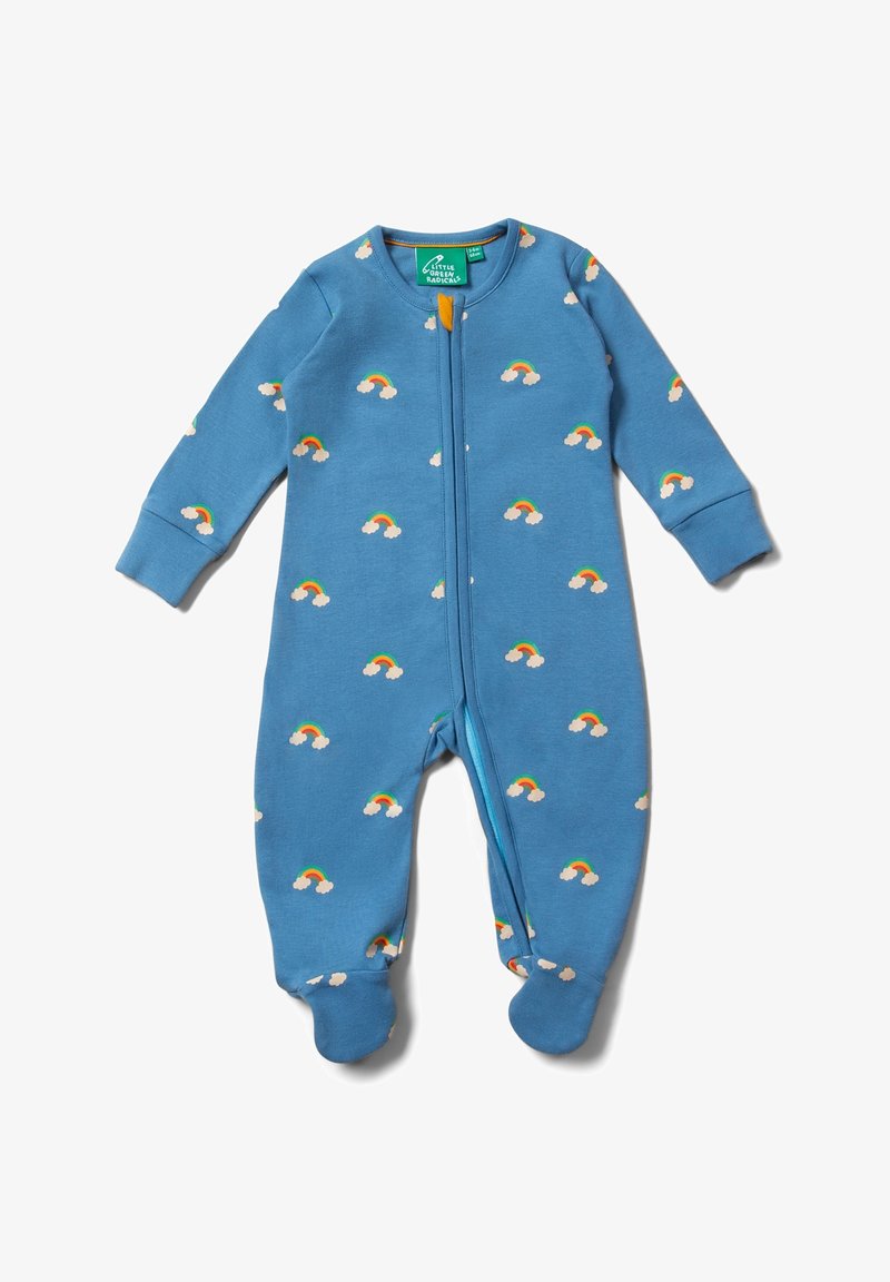 Blaues Baumwoll-Overall mit langen Ärmeln, ausgestattet mit einem Reißverschluss auf der Vorderseite und einem Muster aus kleinen Regenbögen und Wolken. Weiches, fußförmiges Design.