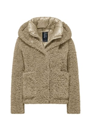 Giacca teddy beige pelosa con colletto imbottito lucido, tasche anteriori e cerniera visibile, etichetta taglia due all'interno del colletto.