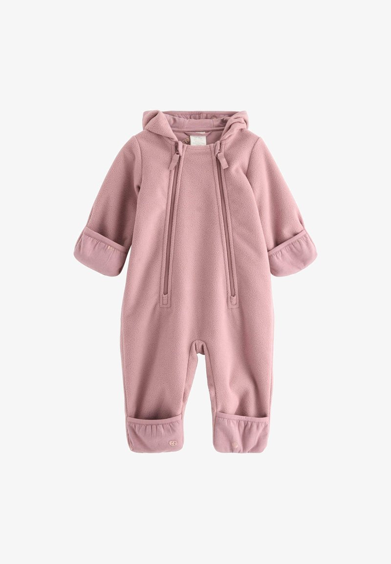 Pink fleece one-piece suit with a hood, drawstrings, elastic cuffs, and a soft texture. Features button accents on the cuffs.