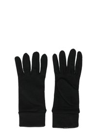 Een paar zwarte, lange handschoenen met losse vingers, plat neergelegd met de handen naar beneden op een witte achtergrond.