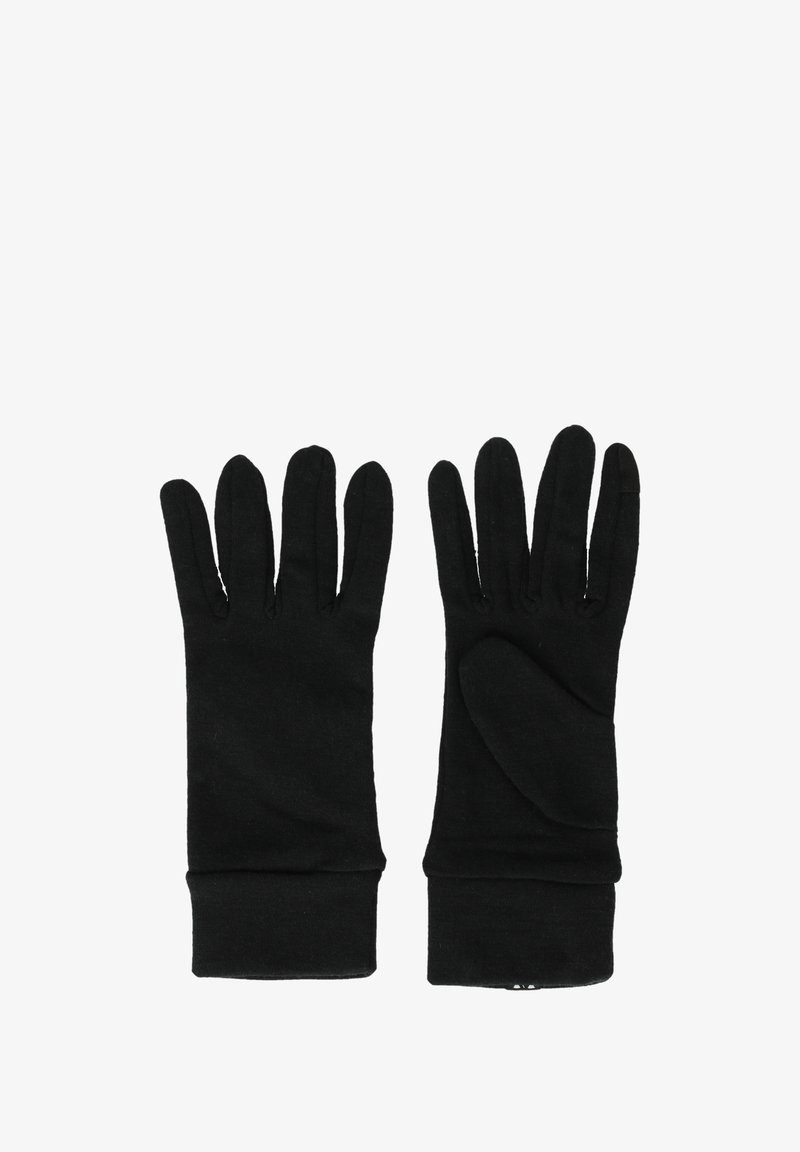 Een paar zwarte, lange handschoenen met losse vingers, plat neergelegd met de handen naar beneden op een witte achtergrond.