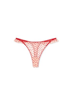 Rote und transparente Tanga-Unterwäsche mit kleinen roten Herzmustern und gerafften Rändern an den Seiten.
