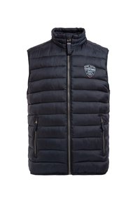 Gilet imbottito blu con collo alto, chiusura con zip e due tasche laterali. Presenta cuciture orizzontali e un emblema sul petto a sinistra.