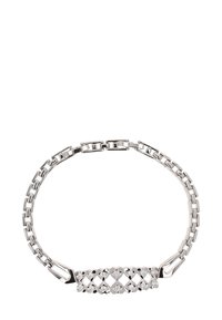 Sølvarmbånd med en kædedesign og et centralt dekorativt panel med et hjerte mønster prydet med små klare ædelsten.