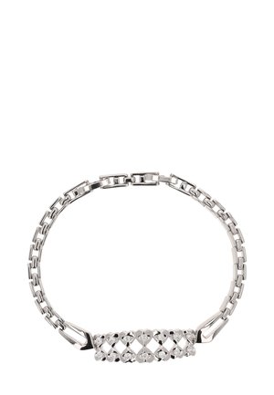 Sølvarmbånd med en kædedesign og et centralt dekorativt panel med et hjerte mønster prydet med små klare ædelsten.