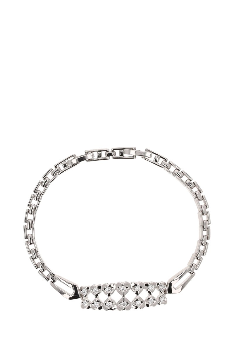 Sølvarmbånd med en kædedesign og et centralt dekorativt panel med et hjerte mønster prydet med små klare ædelsten.