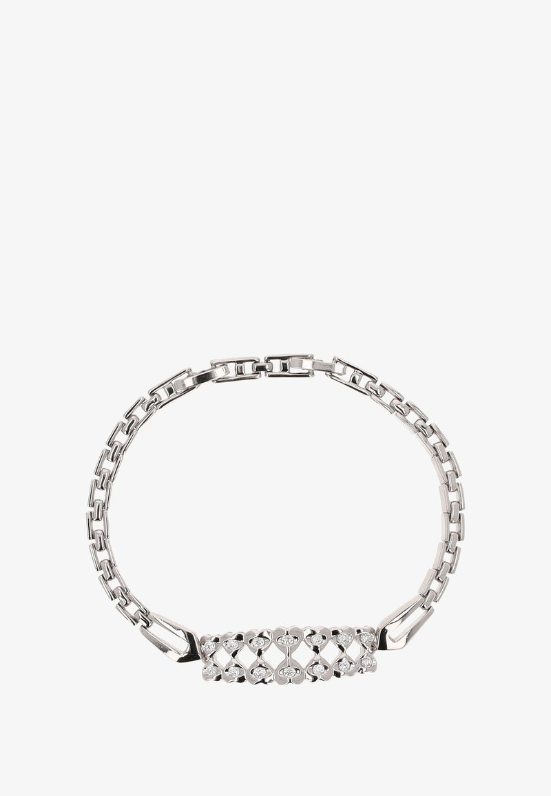 Hopeaketjuhopeaketju, jossa on keskeinen koristetason sydänkuviolla ja pienillä kirkkailla jalokivillä.