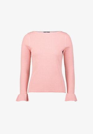 Rosa gerippter Strickpullover mit langen Ärmeln und ausgestellten Manschetten. Verfügt über einen weiten Halsausschnitt und eine taillierte Silhouette. Weicher Stoff.