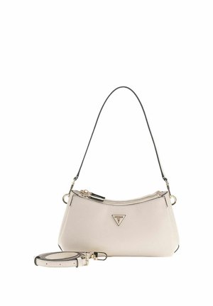 Piccola borsa beige a tracolla con manico nero, tracolla regolabile separata e logo triangolare sul davanti, su sfondo bianco.