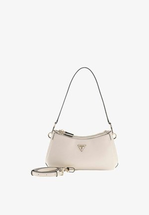 Piccola borsa beige a tracolla con manico nero, tracolla regolabile separata e logo triangolare sul davanti, su sfondo bianco.