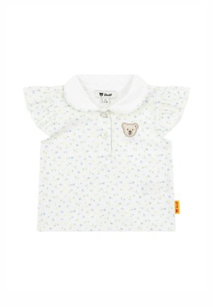 T-shirt bianco in cotone con maniche corte a volant, motivo floreale e un'applicazione di orso sul petto. Presenta un colletto e una chiusura con bottoni.