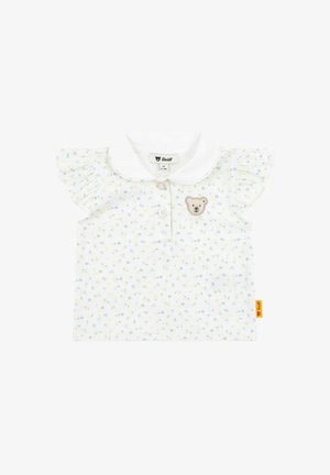 Weißes Baumwoll-T-Shirt mit kurzen Rüschensäumen, Blumenmuster und einem Bären-Applikation auf der Brust. Mit Kragen und Knopfverschluss.