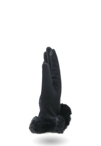 Guanto invernale nero con polsino in pelliccia, mostrato in posizione verticale con le dita chiuse su uno sfondo bianco.