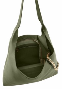 Olive green tote bag made of thick material, featuring a chain accent, interior zip pocket, and smooth texture with a spacious opening.