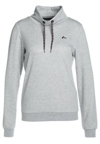 Sweat-shirt gris à col cheminée, cordons noirs et petit logo sur la poitrine. Confectionné en tissu doux, il possède des manches longues et un ourlet côtelé.