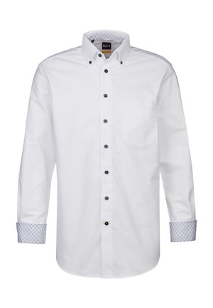 Weißes Langarmhemd mit Button-Down-Kragen, marineblauen Knöpfen und gemusterten blauen Akzenten an den Manschetten und im Krageninnenteil. Mit einer Brusttasche.