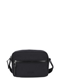 Borsa a tracolla nera in nylon con forma rettangolare piatta, dotata di una tasca frontale con zip e dettagli del logo in rilievo. Include una tracolla regolabile.