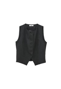 Mørkegrå stribet vest med rund halsudskæring, ærmeløs design og lukning foran med jævnt fordelte knapper.