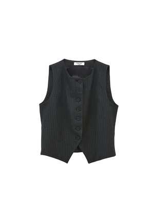 Donkergrijze gestreepte vest met een ronde hals, mouwloos ontwerp en een sluiting aan de voorkant met gelijkmatig verdeelde knopen.