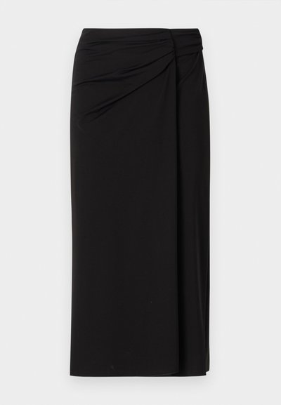 Black fitted midi skirt made of smooth fabric. Features a gathered front design and a draped, asymmetrical hem. No visible hardware or patterns.