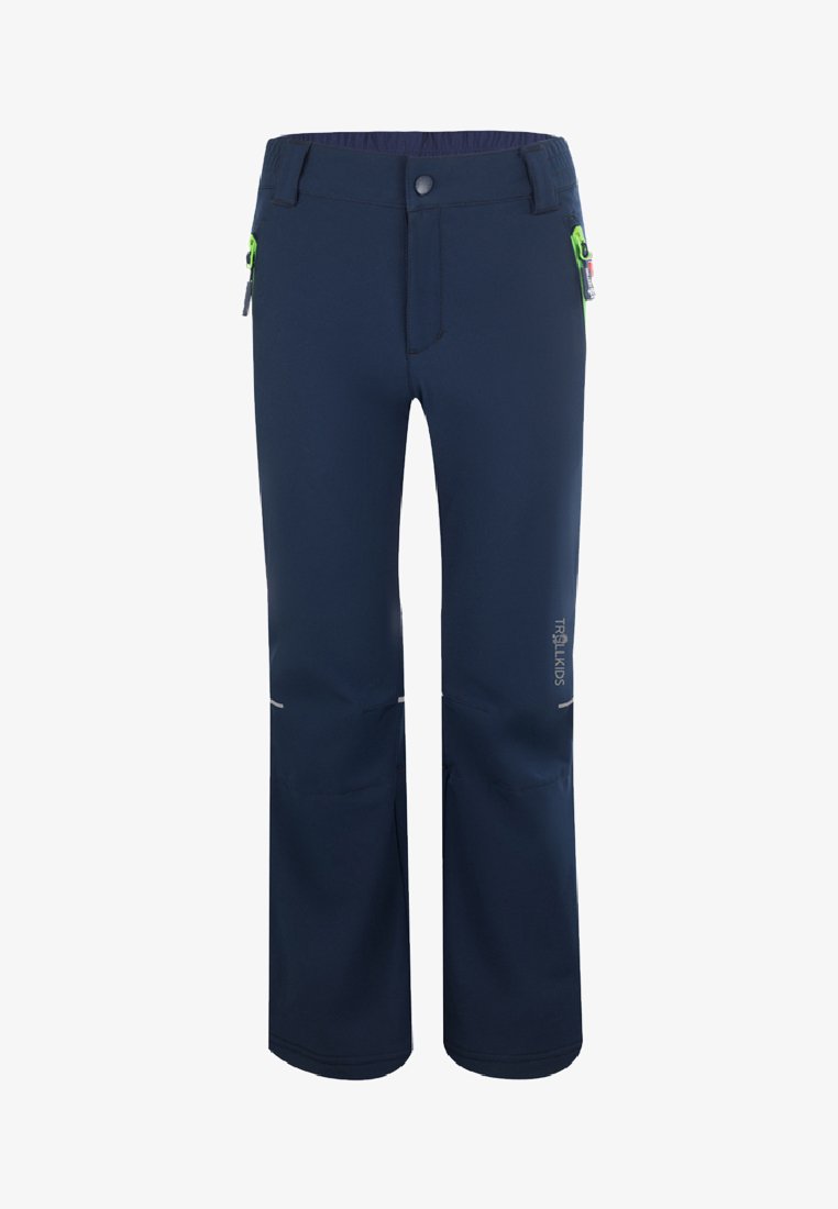 Navy outdoor pants with a smooth texture, elastic waist, two zip pockets with green accents, and reflective striping along the sides.
