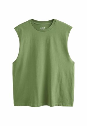 Débardeur vert olive sans manches avec encolure ronde et larges emmanchures, conçu pour une coupe décontractée, présenté sur fond blanc.