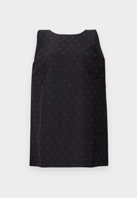 Rochie neagră fără mâneci, cu decolteu rotund, având un model dispersat de puncte mici și strălucitoare de argint pe întreaga țesătură.