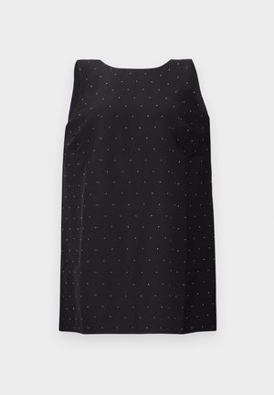 Musthave musta ilma varrukatega kleit ümmarguse kaelusega, millel on kangas pisikesed läikivad hõbedased täpid.