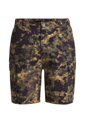 Shorts cargo à motif camouflage avec fermeture à boutons, taille élastique et poches à rabat de chaque côté.