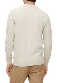Helles beige Pullover-Sweatshirt mit langen Ärmeln, gerippten Bündchen und Saum, aus weichem, strukturiertem Stoff. Schlichte Rückseite ohne Verzierungen.